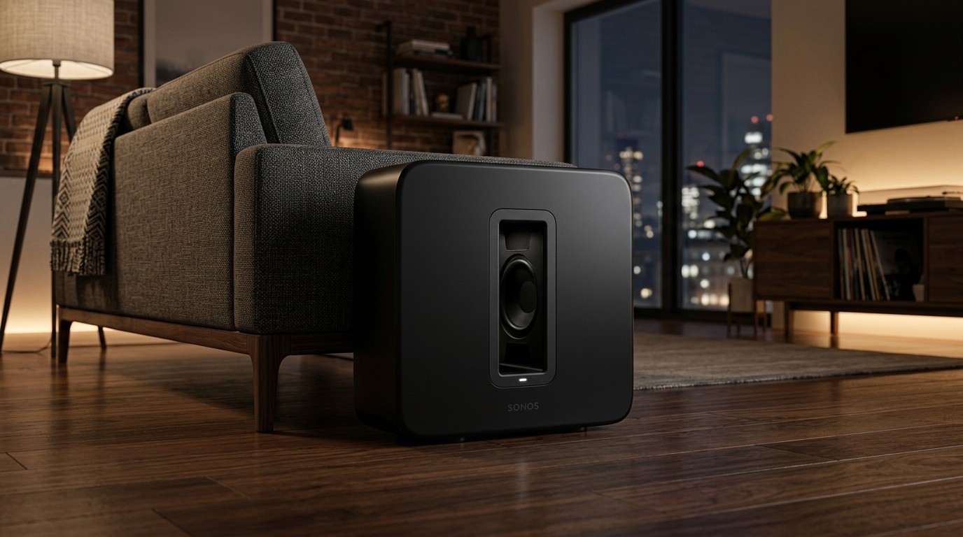 リビングのソファ横に設置されたSonos Sub Gen4の洗練された佇まい